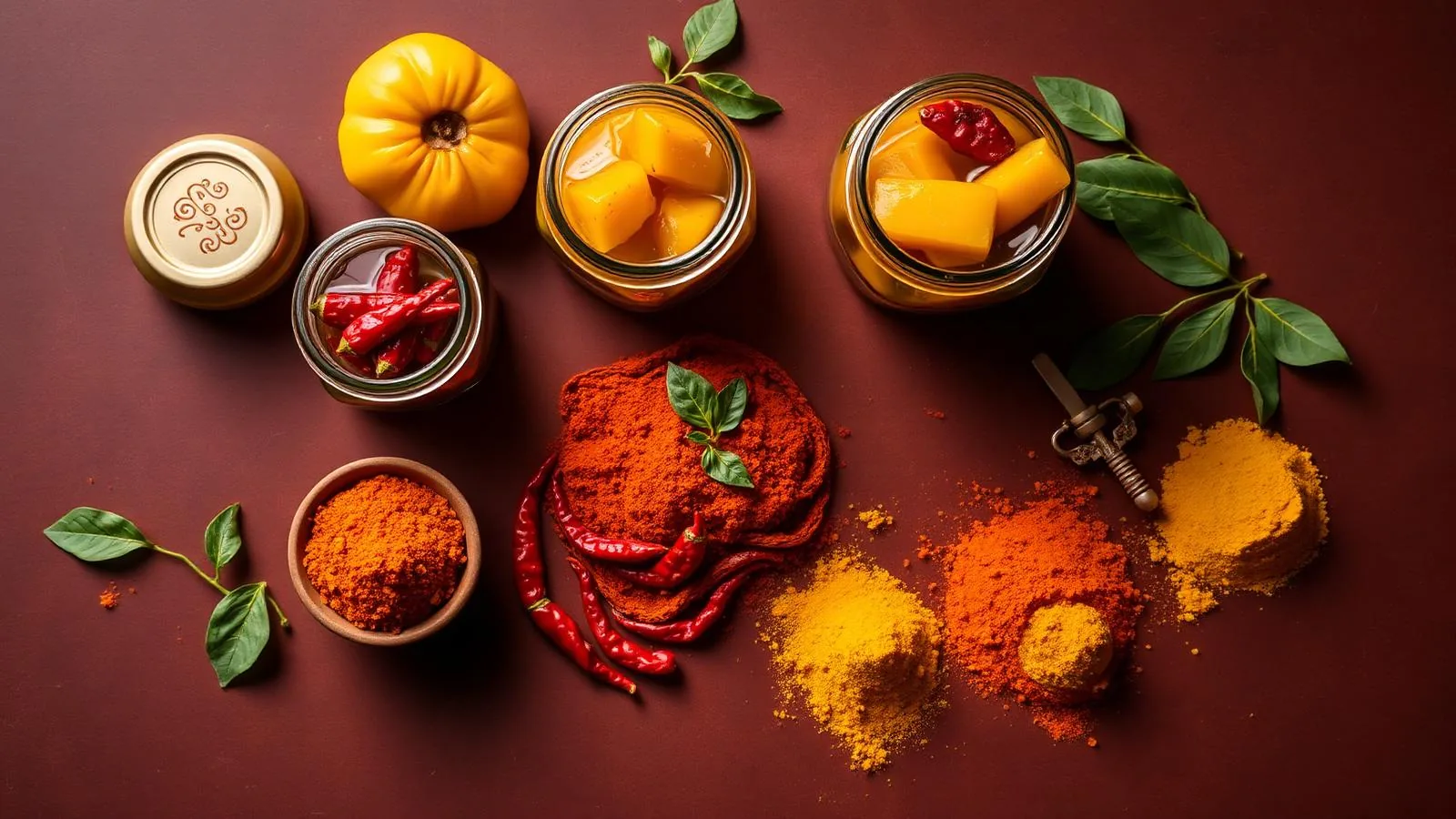 Assorted Andhra pickles in glass jars with fresh spices